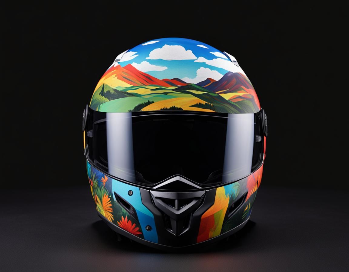Motorcycle Helmet with Gauguin-Style Landscape