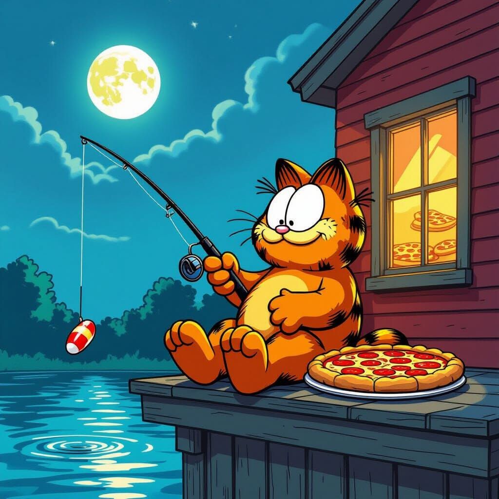 Garfield Fishing for Pizza on a Rooftop in Comic Style