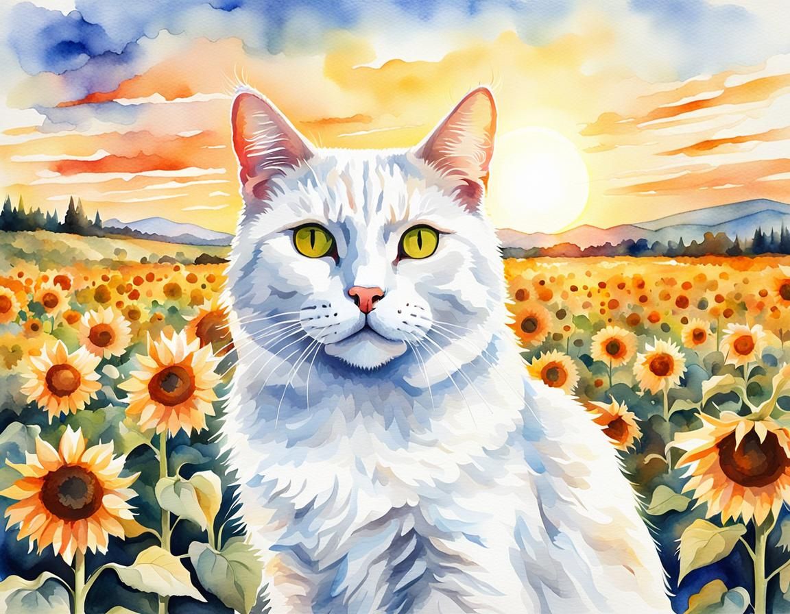 Watercolor White Cat in Sunflower Field