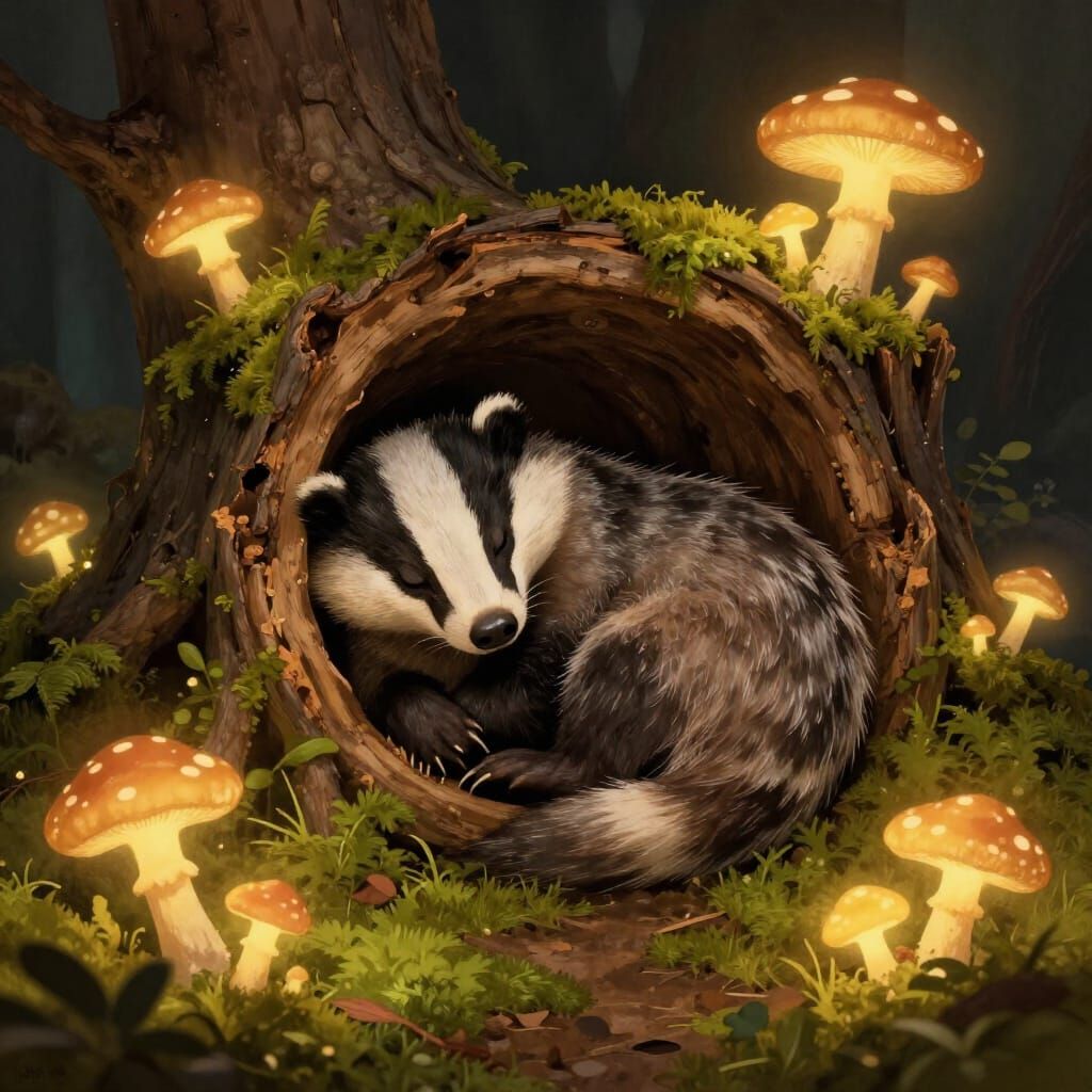 Sleeping Badger in Glowing Mushroom Forest