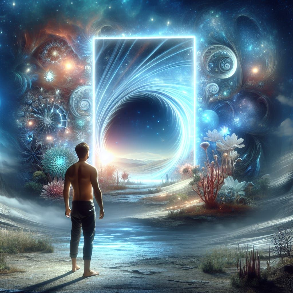 Man Gazing into a Shimmering Portal to Another Realm