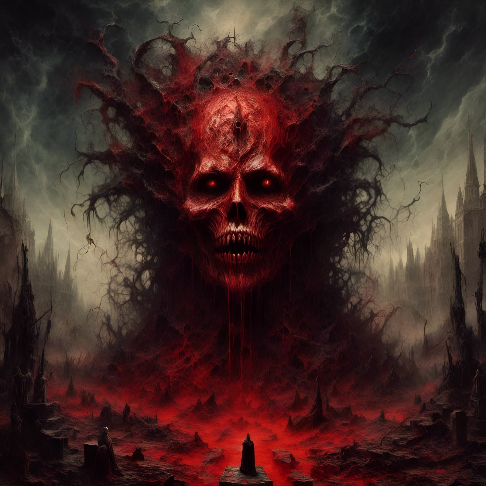 Demonic Face in Purgatory with Satanic Altar