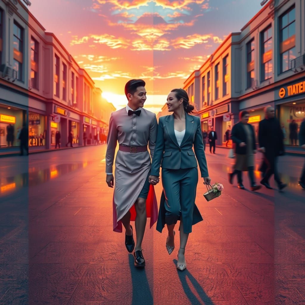 Kaleidoscopic Sunset: Couple in Mirrored Reflections