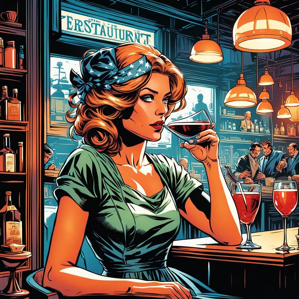 Comic Book Art: Lady in Restaurant Eating