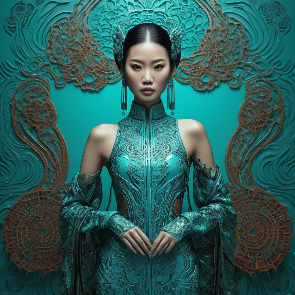 Futuristic Fashion Masterpiece in Turquoise and Brown