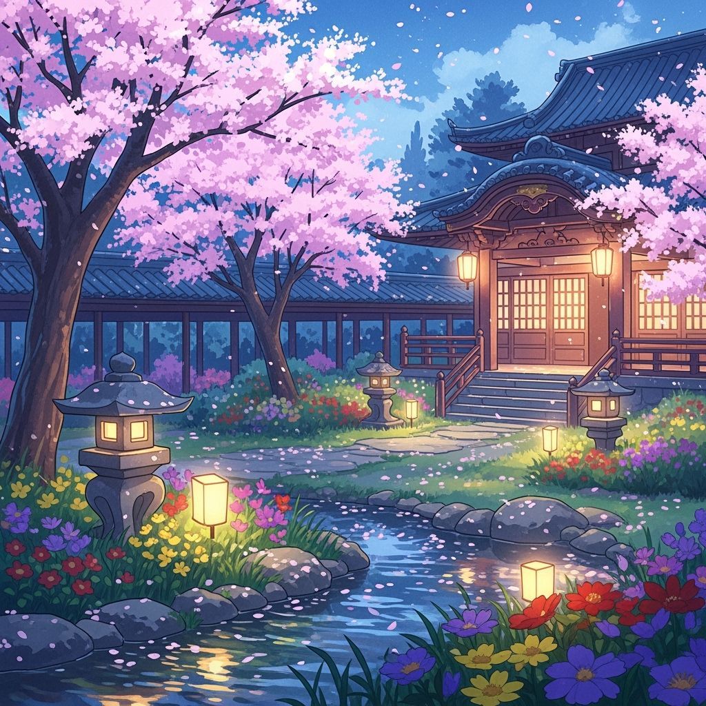 Serene Anime Garden at Twilight: Cherry Blossoms in Bloom
