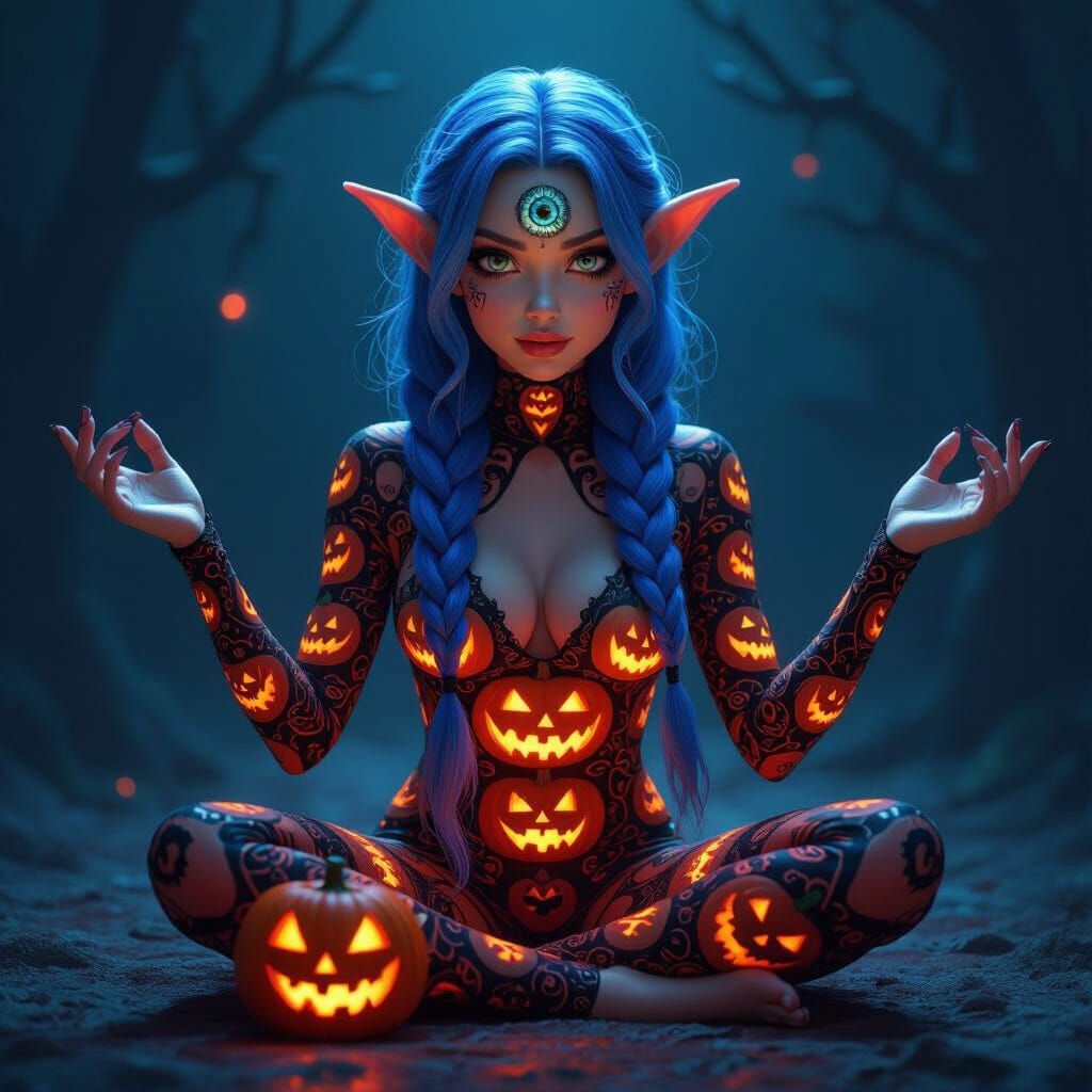 Blue-Haired Six-Armed Cyclops in Halloween Pajamas