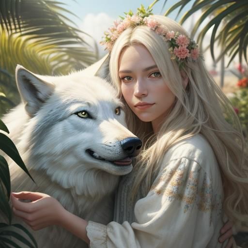Great White Wolf and Girl on Flowered Beach