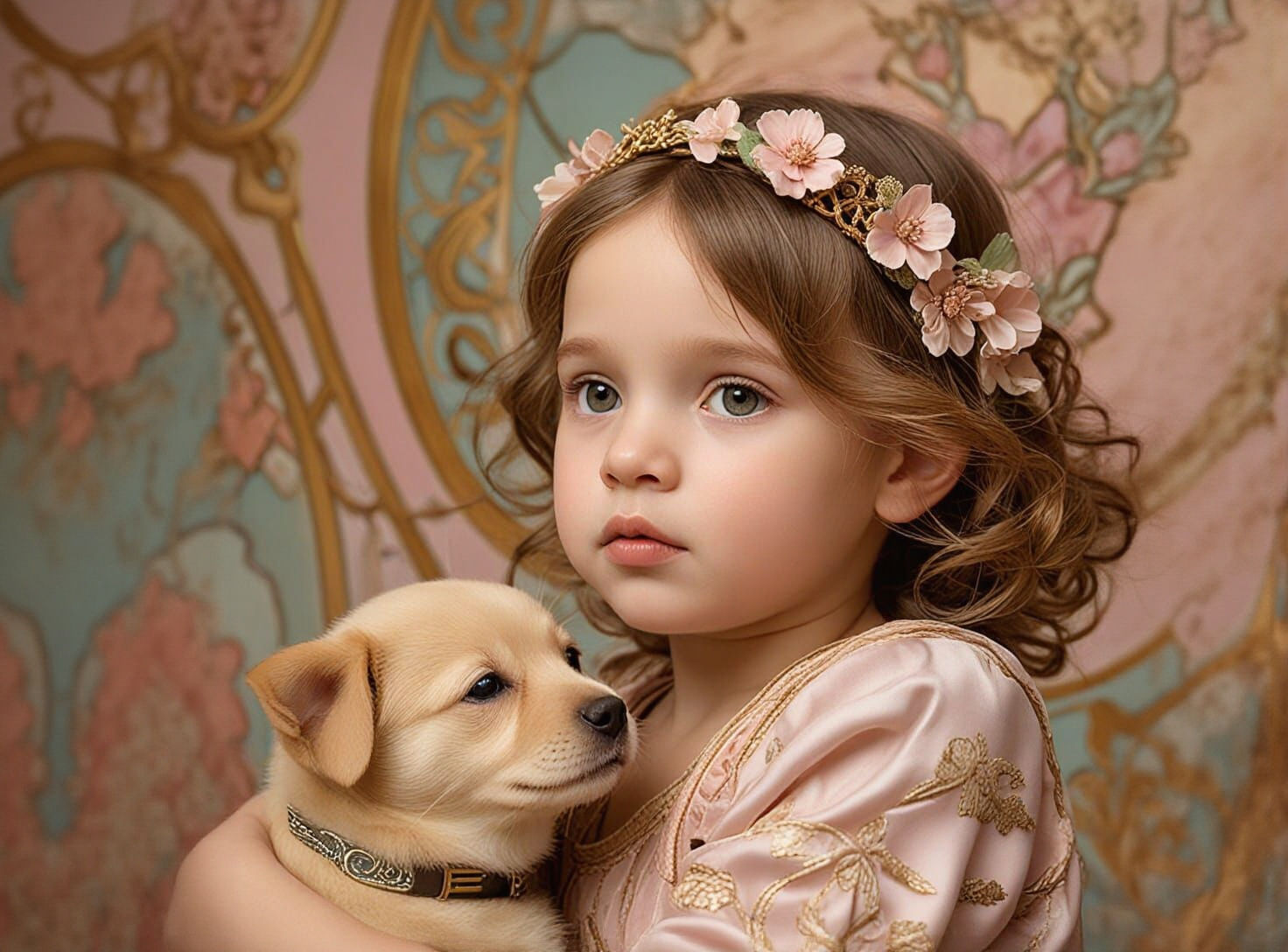 Baby Girl Plays With Pomeranian Puppy in Royal Interior