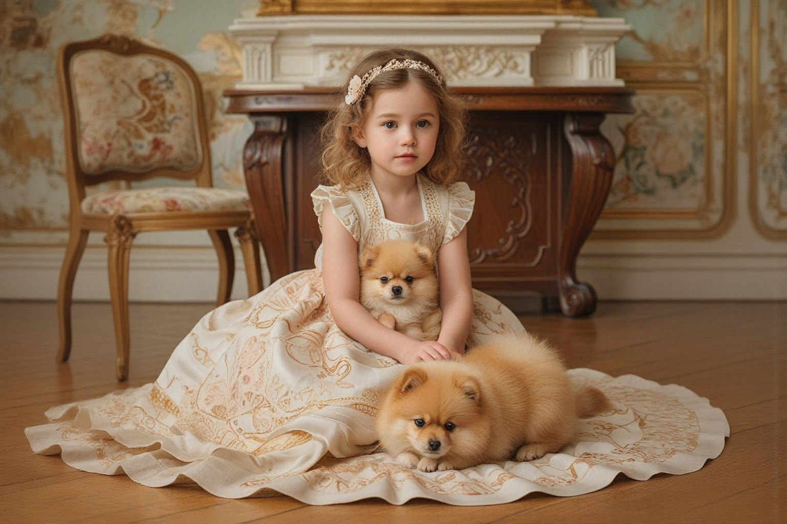 Baby Girl Plays With Pomeranian in Royal House