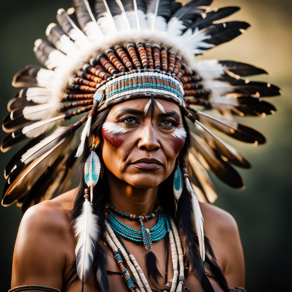 Expressive Portrait of Native American Woman in Headgear