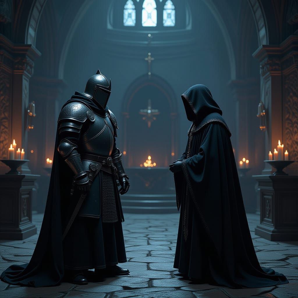 Knight Confronts a Mystic Figure in Dark Chamber