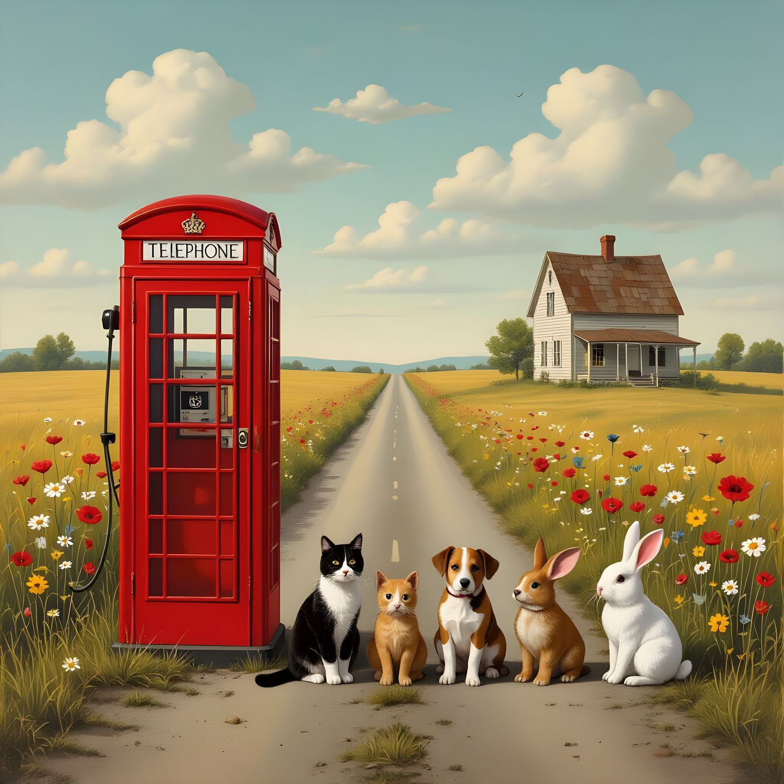 Surreal Country Road with Animals and Phone Booth