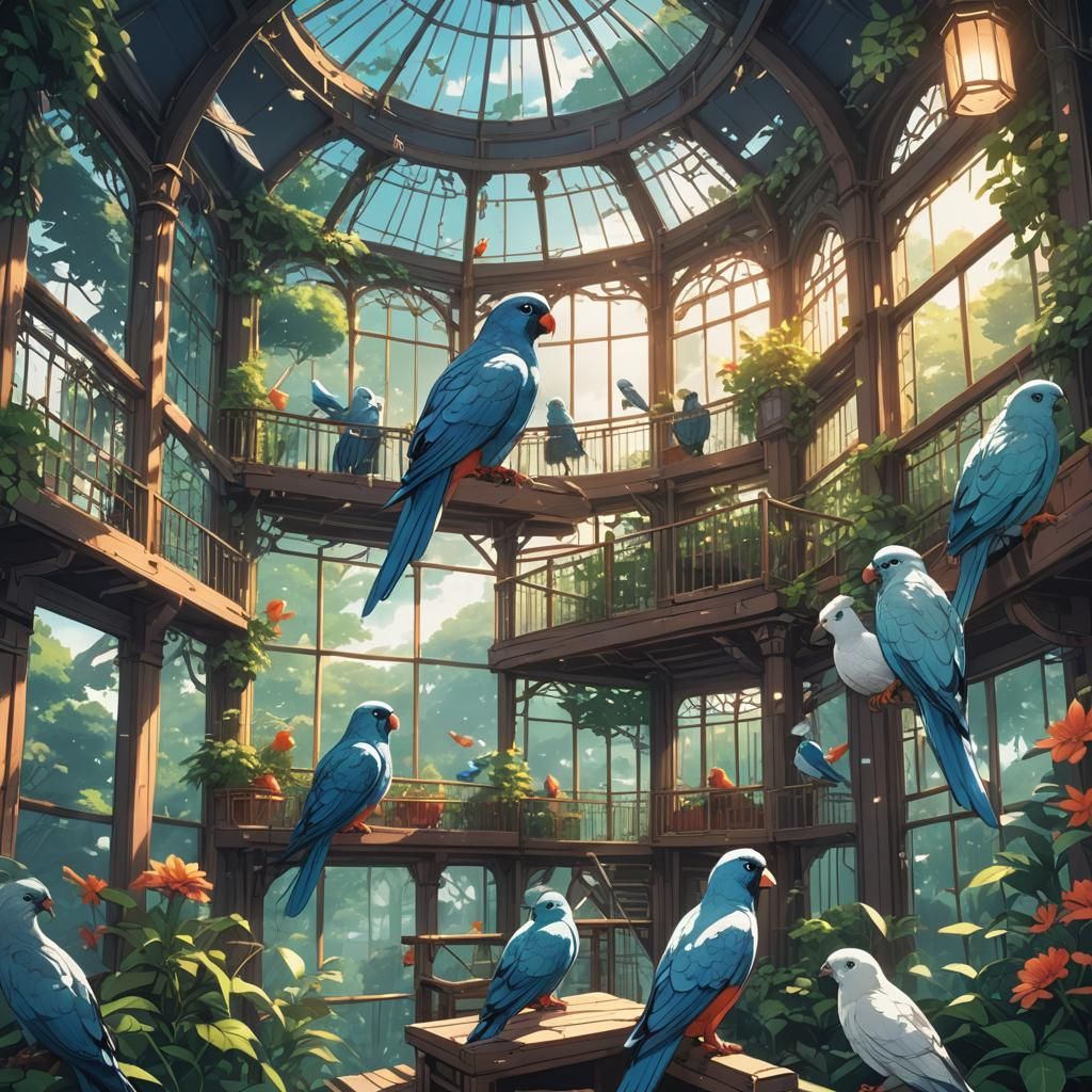 Dreamy Aviary Anime Wallpaper in Cel-Shaded Style