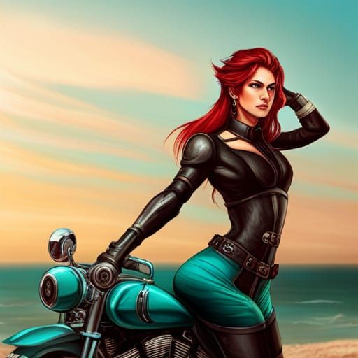 Auburn Ninja Princess on Turquoise Motorbike