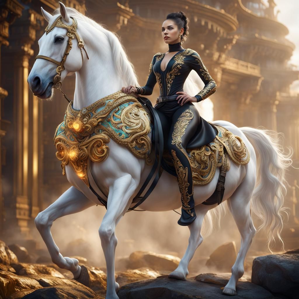 Woman on White Horse in Detailed Fantasy Art