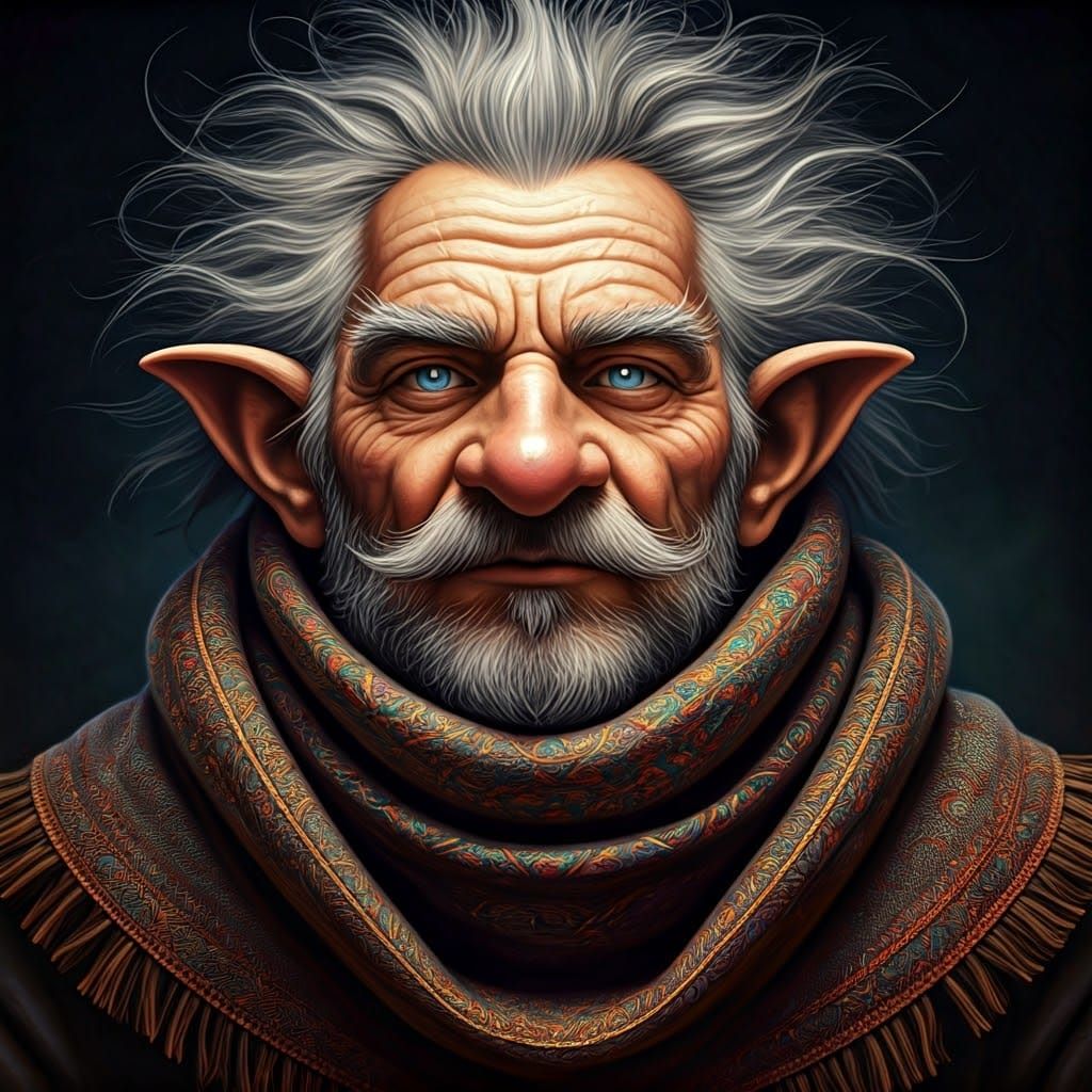 Gnomish Mystic with Embroidered Earth-Toned Scarf