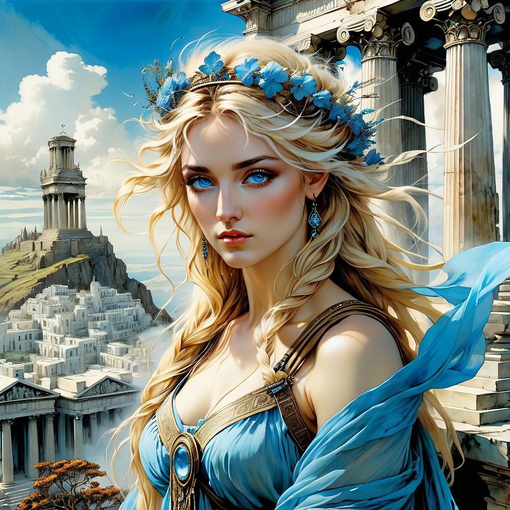 Blond Greek Goddess in Cloud City, Anime Style