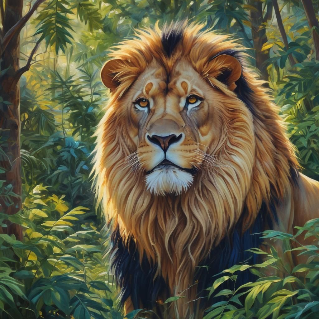 Majestic Lion in Jungle, Fauvist Oil Painting