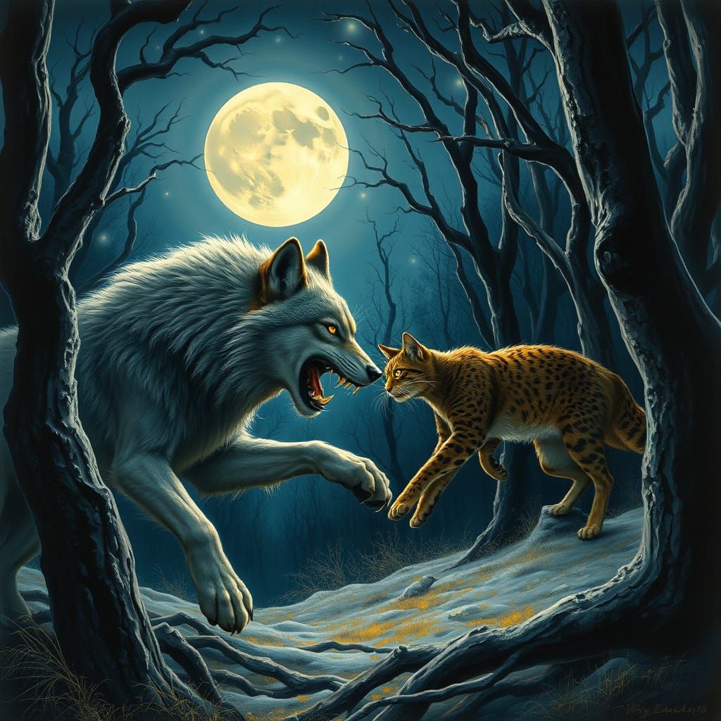 Moonlit Forest Battle: Wolf and Cat Confrontation