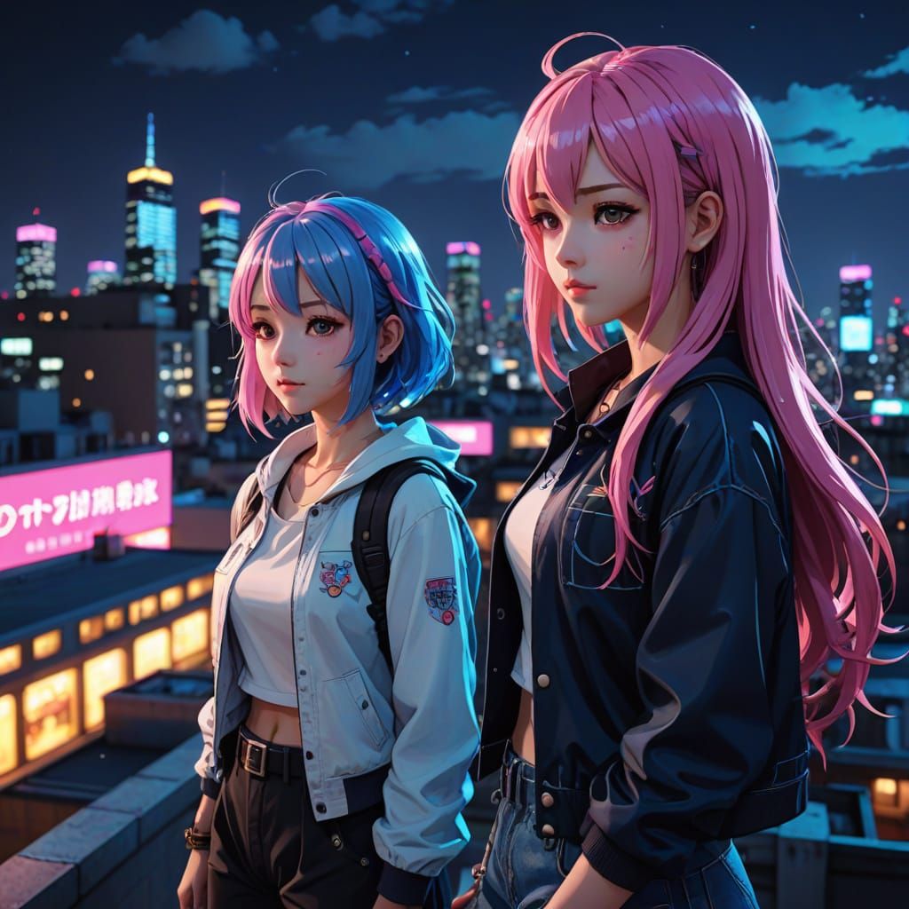 Anime Ladies on Rooftop Under Neon City Lights