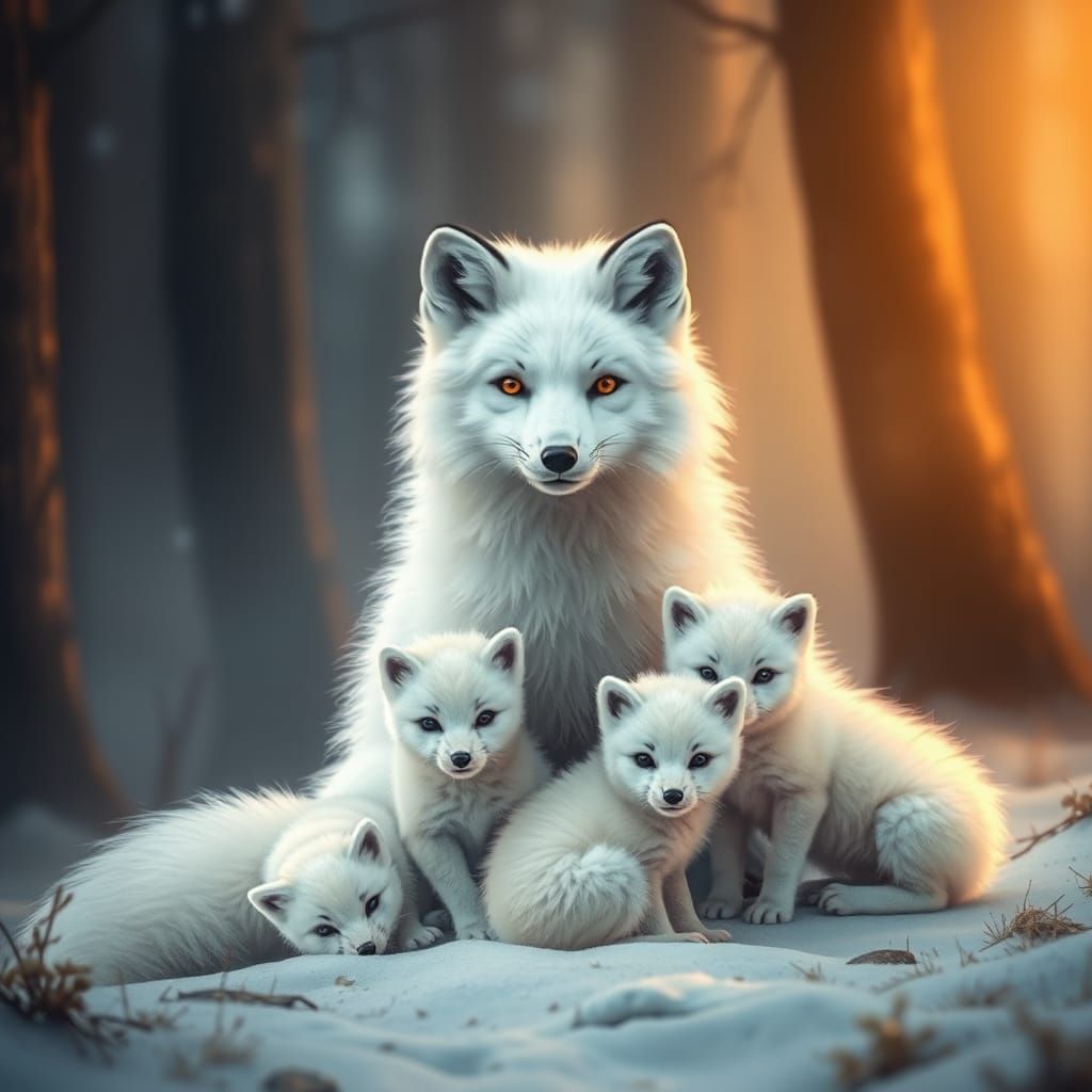 Mystical Forest Fox Mother with Cubs
