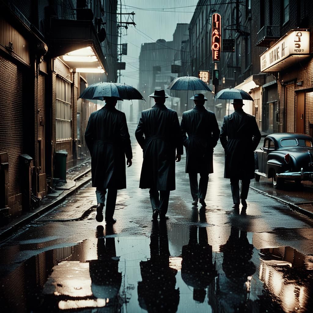 Men in Rainy Alleyway: A Film Noir Scene