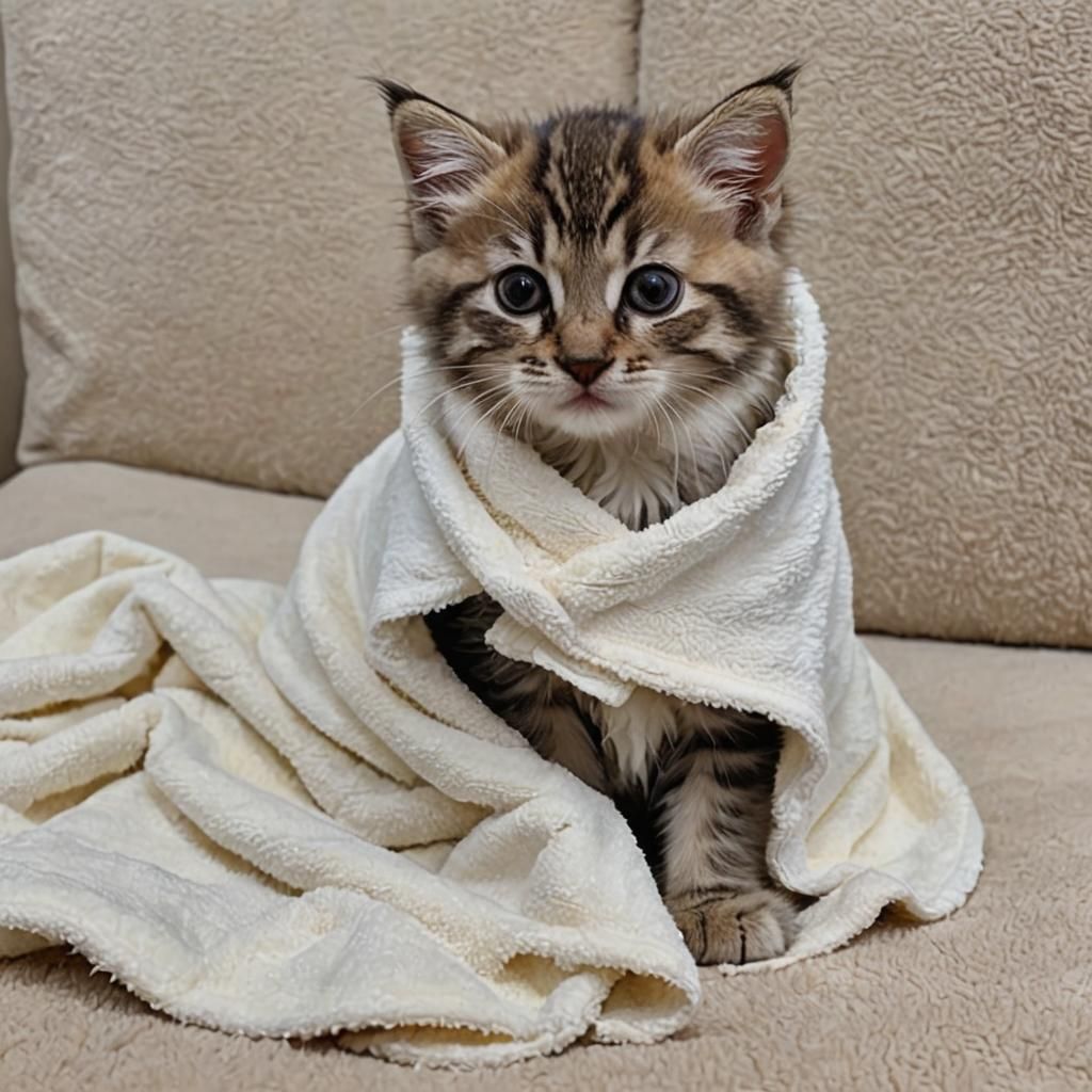 Fluffy Kitten Wrapped in a Towel