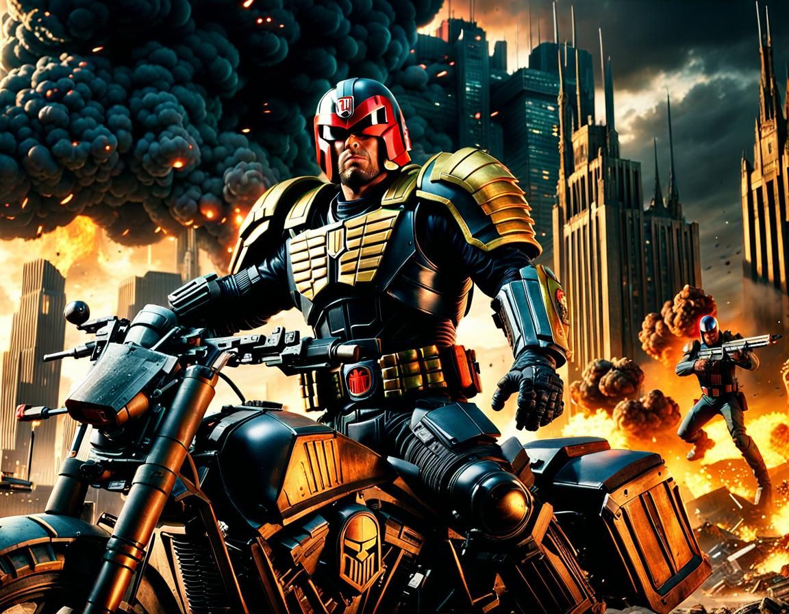 Judge Dredd Hyperrealistic Action Scene in Apocalyptic City