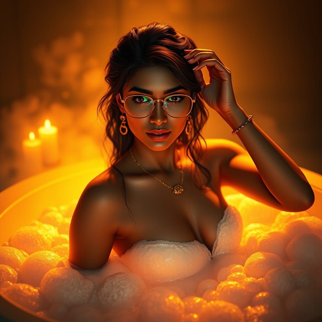 Radiant Indian Woman in Golden Bubble Bath, 3D Render
