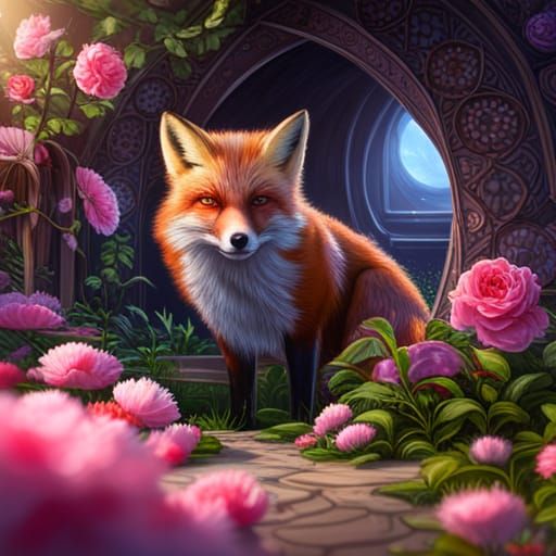 Fox in Rose Bush: Detailed Matte Painting