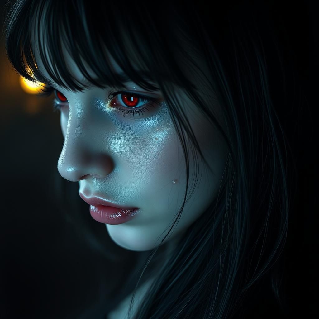 Sorrowful Woman with Red Eyes, Hyperrealistic Portrait