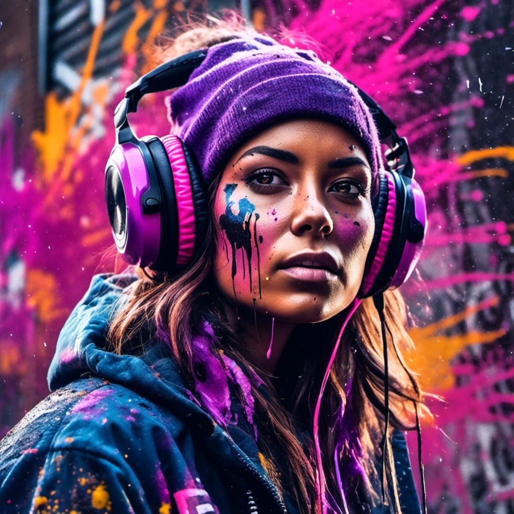 Energetic DJ Portrait in Vibrant Urban Street Art