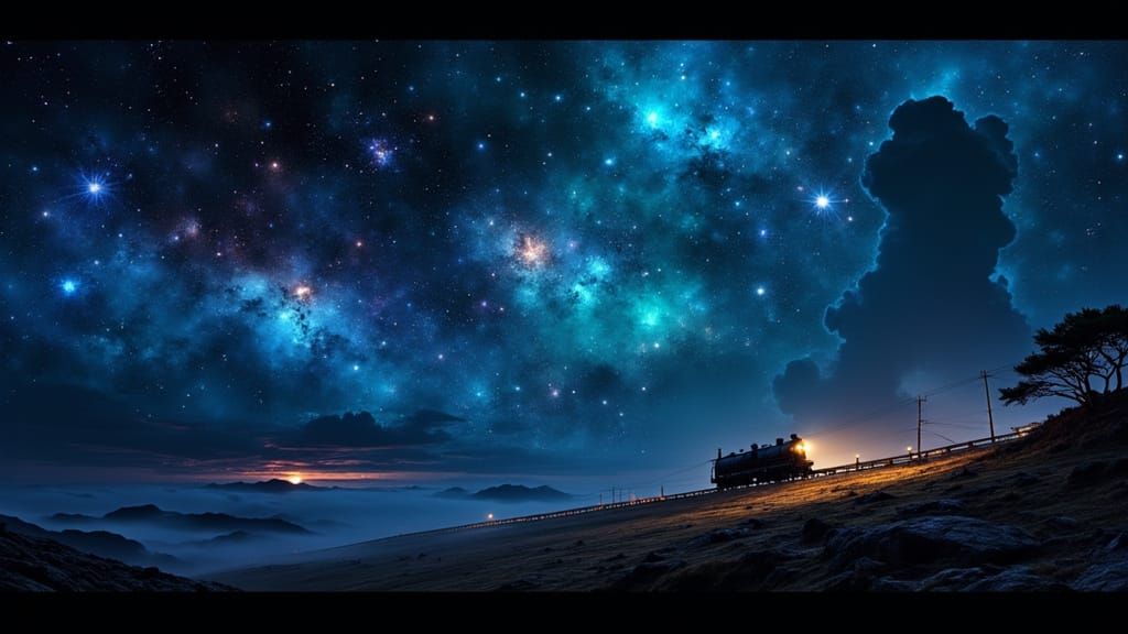 Night Train Under Mysterious Cosmic Sky