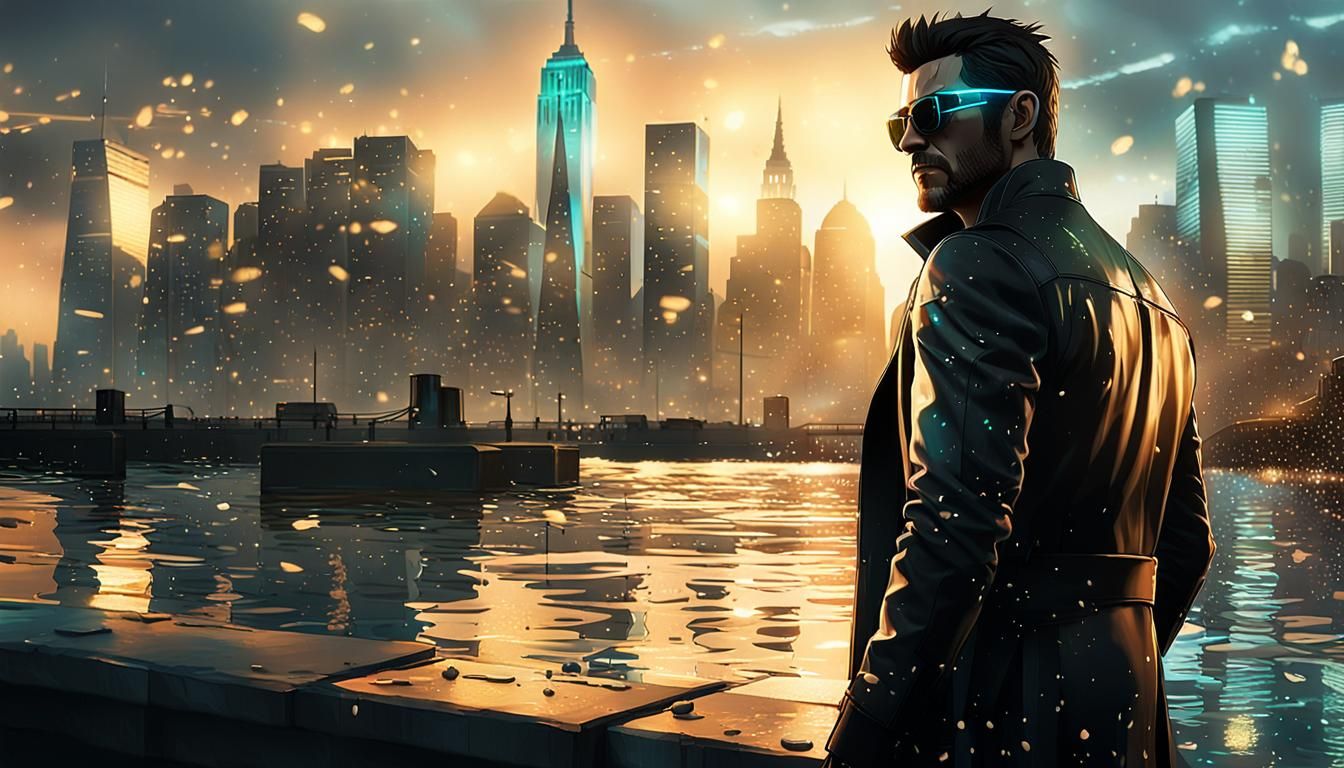 Adam Jensen on Liberty Island in Gritty Sci-Fi Style