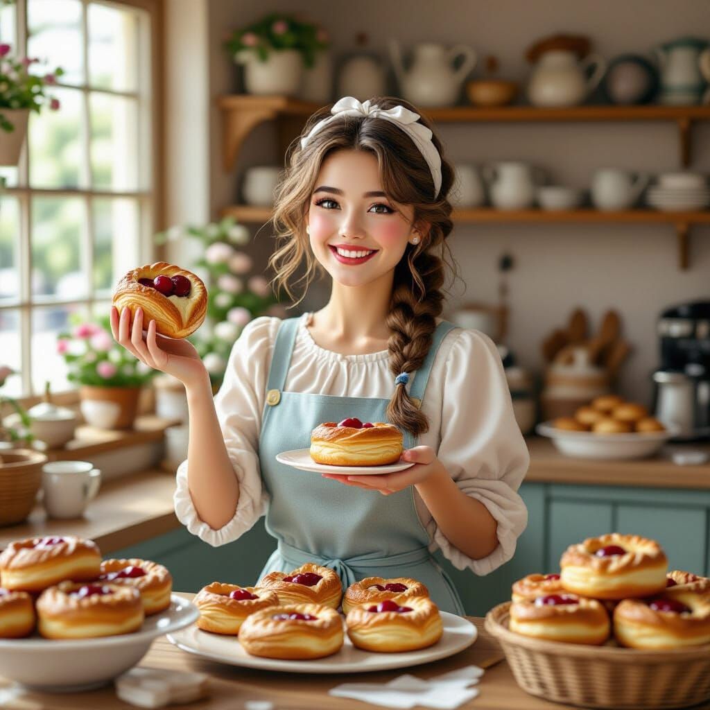 Cozy Bakery Scene with Cherry Turnover, Whimsical Illustrati...