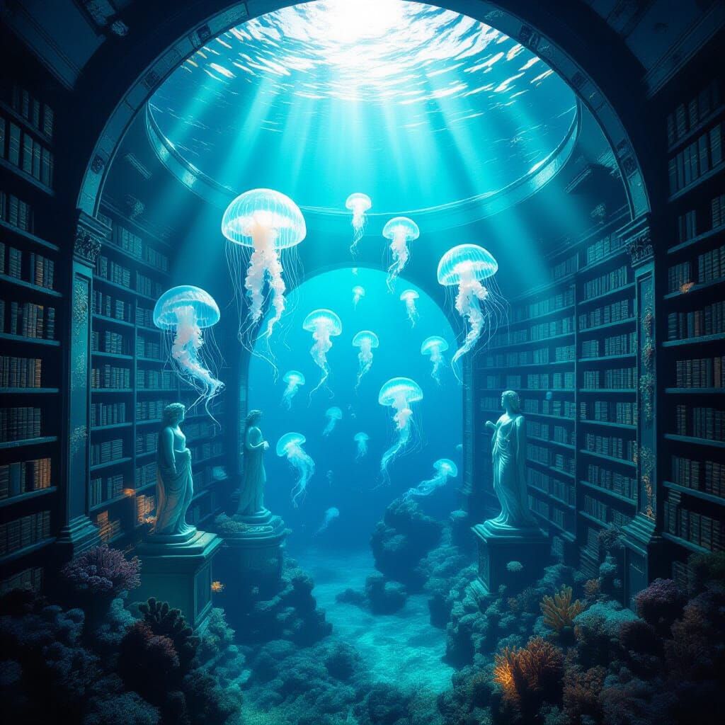 Underwater Library with Jellyfish and Sunlight