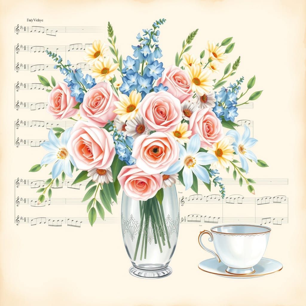 Whimsical Watercolor Bouquet in Art Nouveau Style