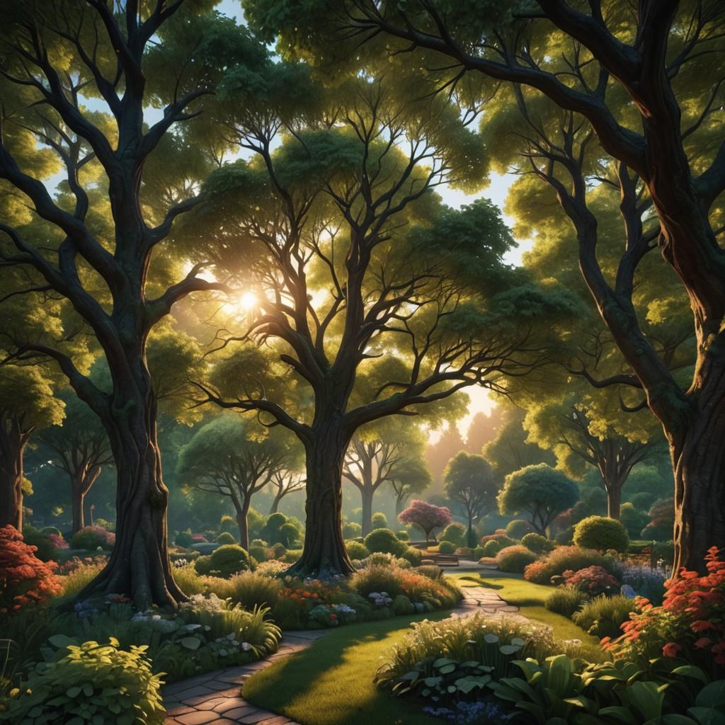 Cozy Garden View at Sunset: Fantasy Concept Art