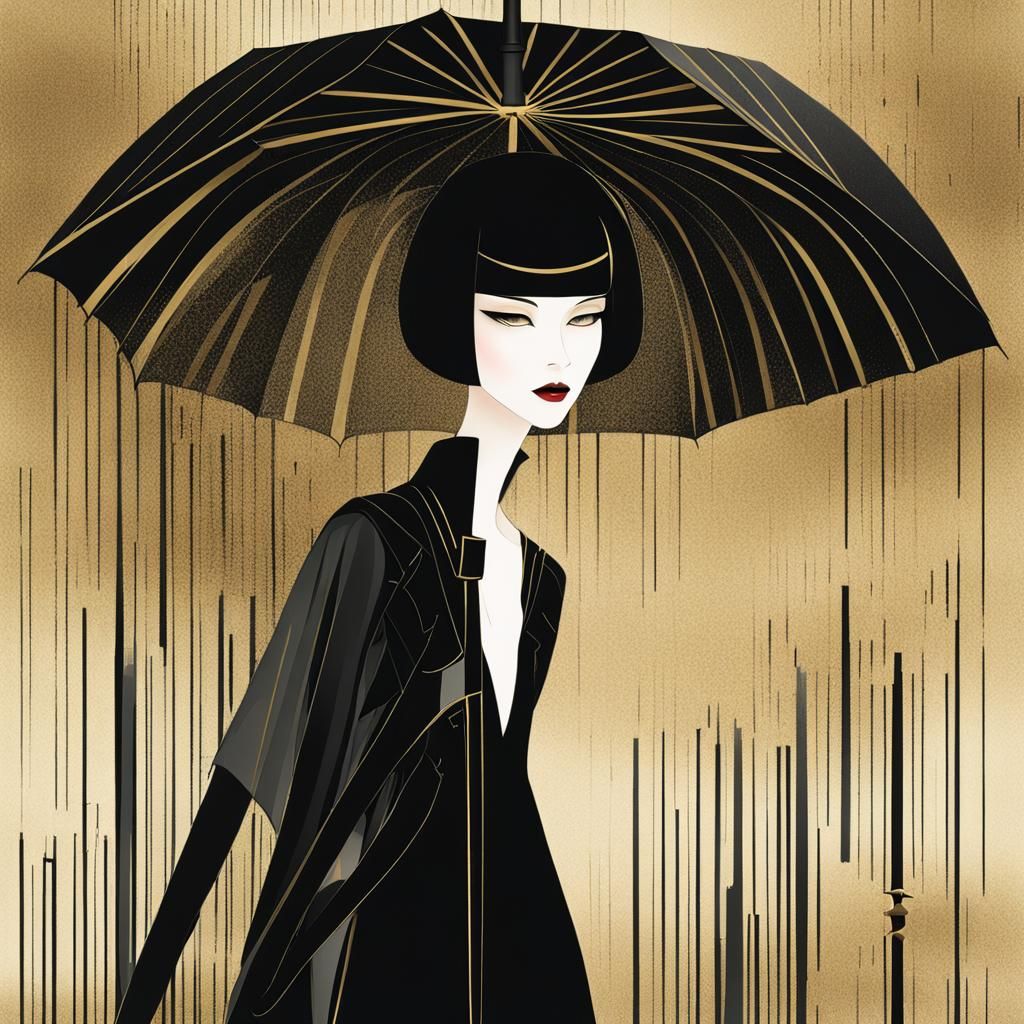 Elegant Art Deco Woman with Umbrella in Obsidian Texture