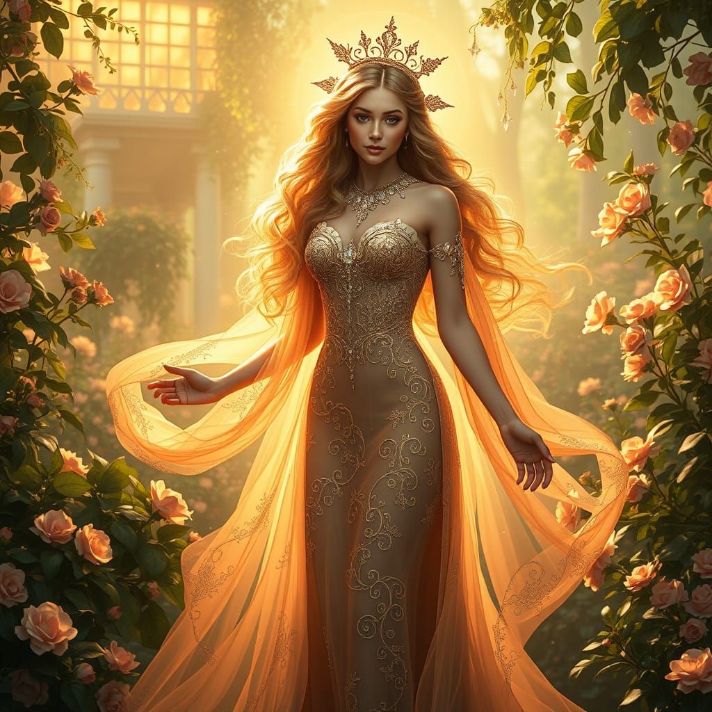 Ethereal Goddess of Love in Vibrant Elysium Garden