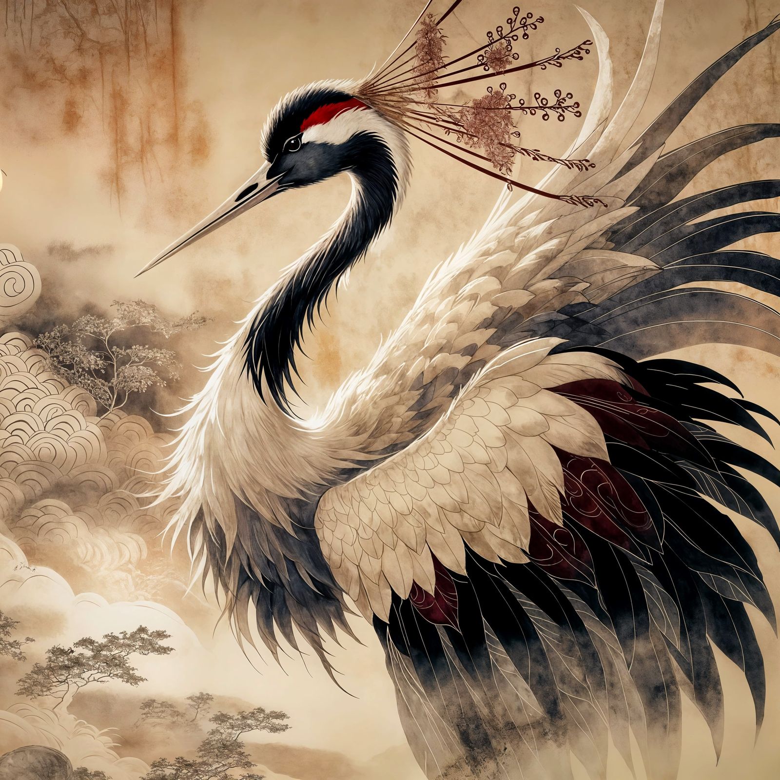 Regal Japanese Crane in Sumi-e Style
