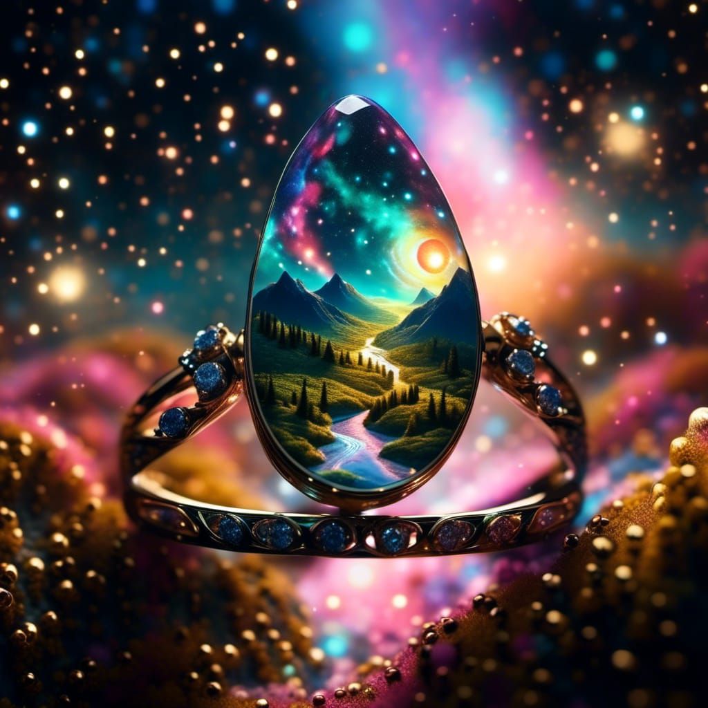 Gold Ornate Ring with Wiccan Triquetra in Holographic Style