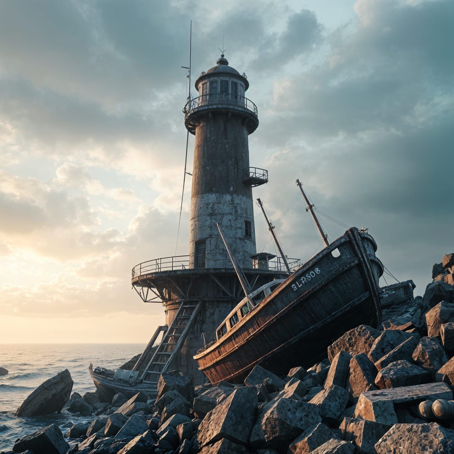 An abandoned decrepit lighthouse. Boats are smashed up against the rocks on the coast line. intricate mech details, grou...