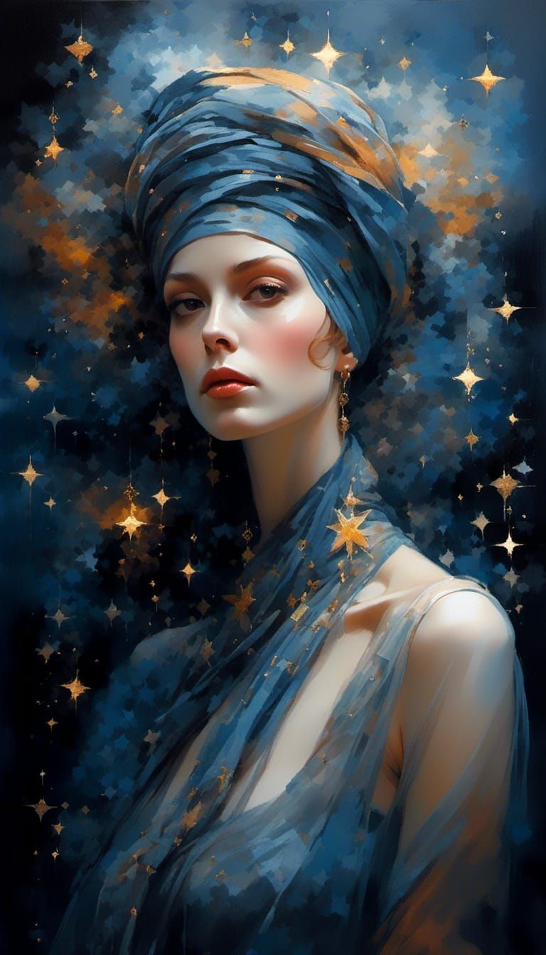 Woman in Starry Headscarf: Hyperrealistic Fantasy Portrait
