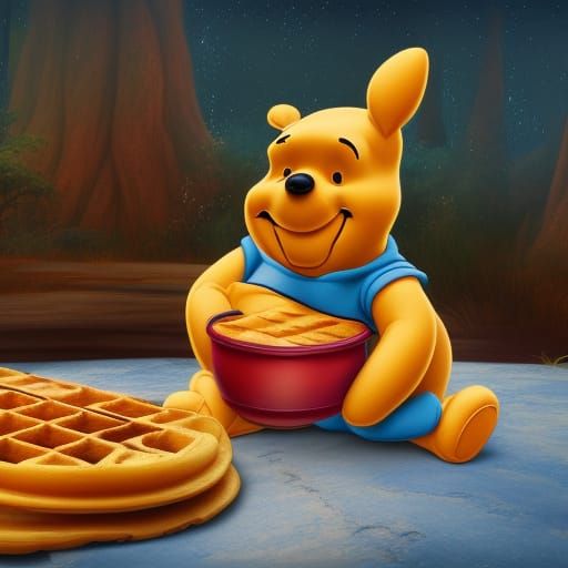 Realistic Winnie the Pooh on Waffle, Detailed Painting