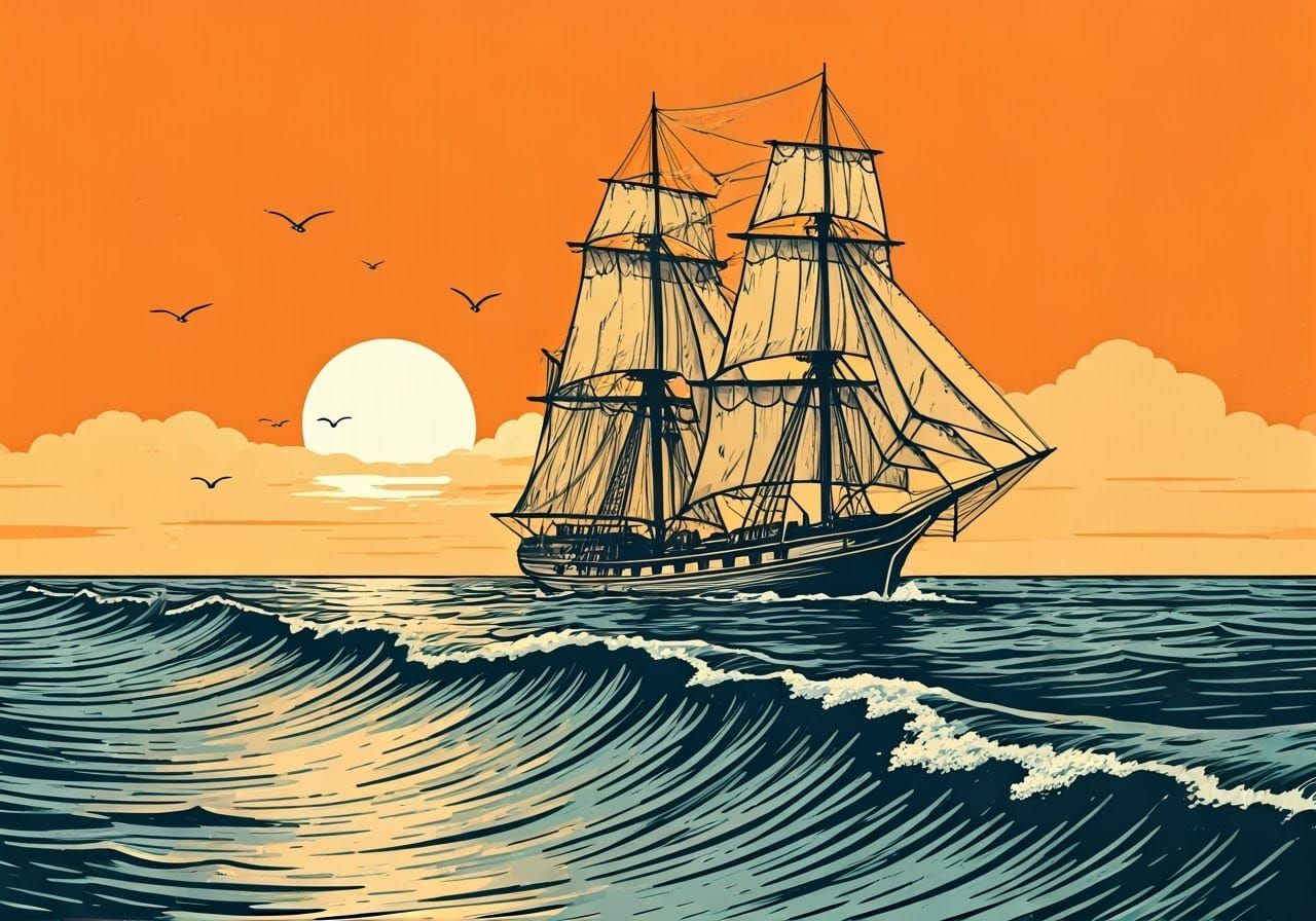 Schooner on the Ocean in Vintage Comic Style