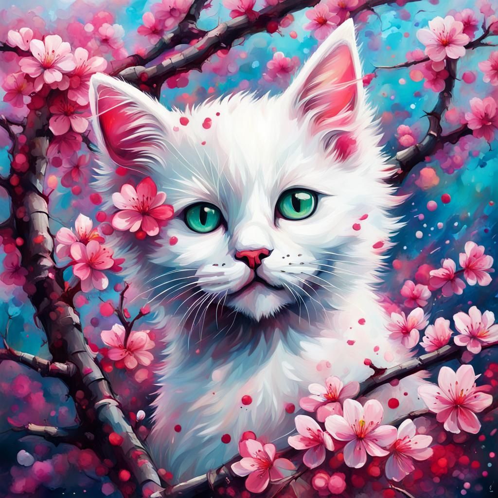 White Kitten Amongst Cherry Blossoms in Graffiti Style