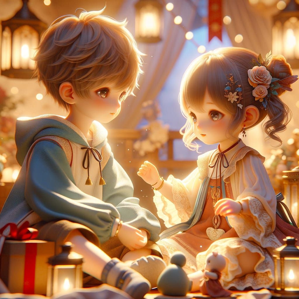 Adorable Baby Boy and Girl in 3D Anime Style