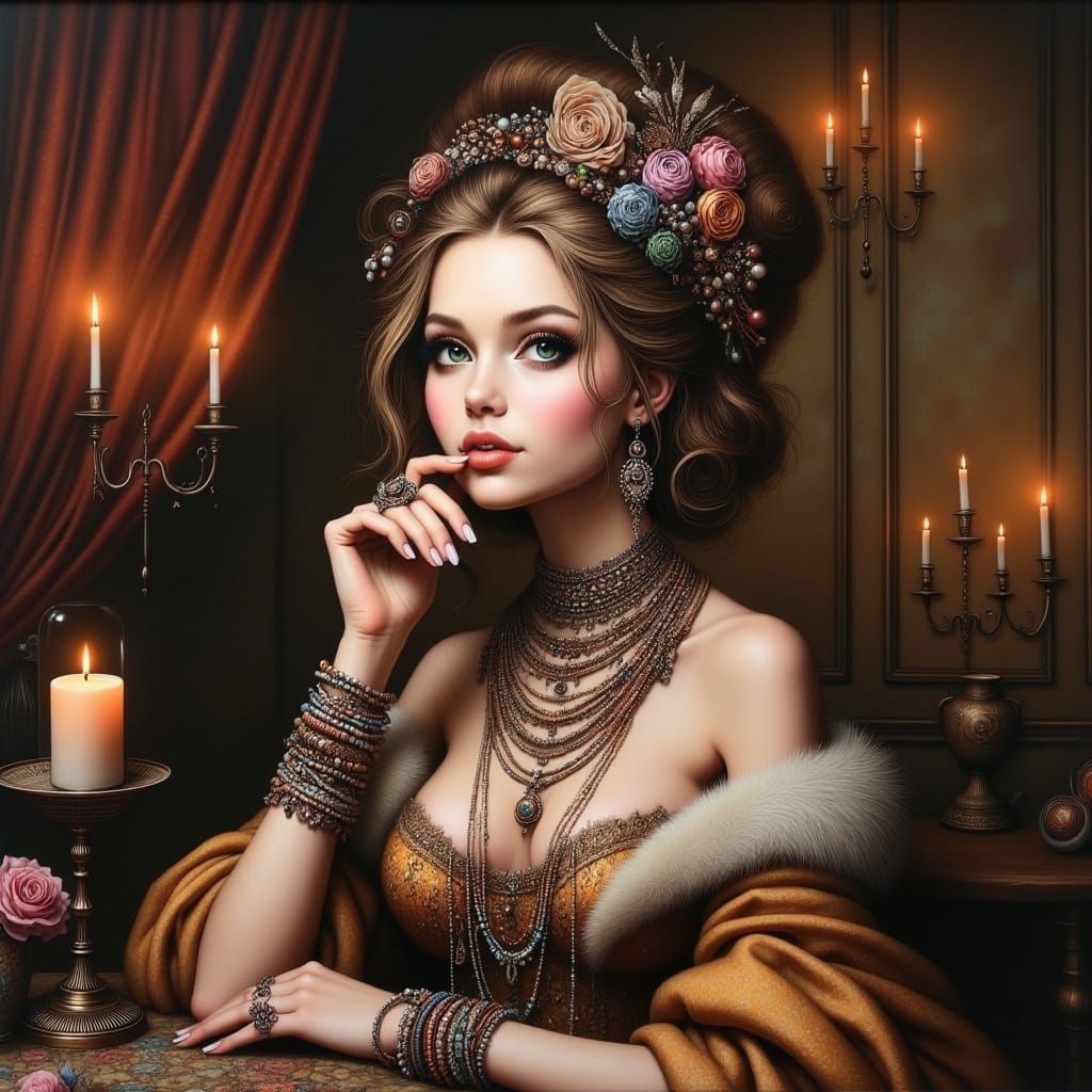 <lora:Whimsical:1.0>   A regal woman with delicate features,...